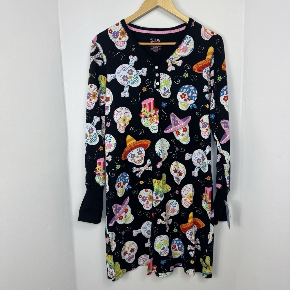 Nick & Nora Day of the Dead Sugar Skull Nightdress Sleep Shirt Pajamas PJ Medium